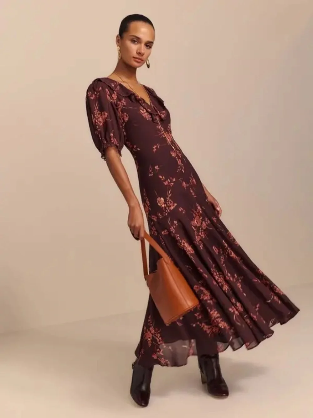 Reformation Evra Floral  Midi Dress Brown Open Back Puff Sleeve Size 8 - Picture 2 of 7